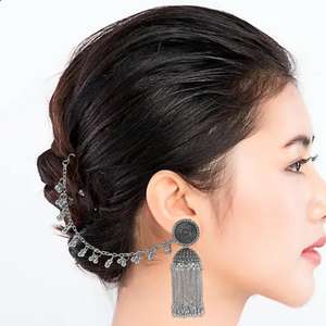 Efulgenz Indian Wedding Jewelry Oxidized Jhumka Jhumki Juego de pendientes colgantes con cadena de oreja Mayorista indio Joyería para mujeres - Product Image 3