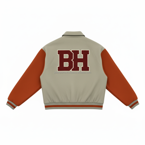 Veste universitaire en tissu de laine 450 GSM couleur beige et rouille avec logo de broderie de patch de chenille personnalisé vestes universitaires pour femmes - Product Image 2