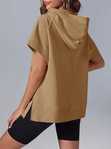 Sudaderas con capucha de gran tamaño con media cremallera para mujer, sudaderas informales de manga corta, Tops con bolsillos - Product Image 2