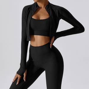 Qualité personnalisée Femmes Côtelé Fitness Séchage Rapide Serré Avant Fermeture Éclair Ensemble À Manches Longues Sans Couture Débardeur Leggings Yoga Ensembles - Product Image 2