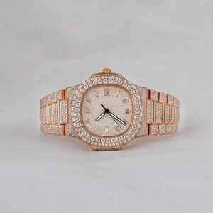 Mouvement à quartz fabriqué avec diamant Moissanite ton or rose rond montre de luxe fonction date en acier inoxydable pour hommes et femmes - Product Image 1