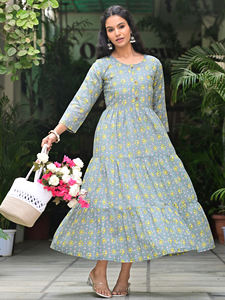 Women Gray Geometric Print 100% Cotton Woven Eco-Friendly Button Casual Ethnic <b>Mid</b>-<b>Calf</b> Dress - Product Image 6