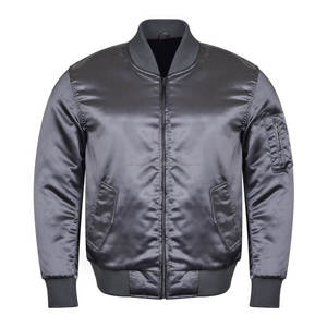 Venta caliente chaqueta de bombardero de satén gris oscuro para hombre cierre de cremallera con ropa de calle informal con múltiples bolsillos pedido al por mayor - Product Image 1