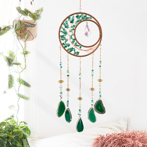 Atrapasueños Bohemio de Ratán para Colgar en la Pared con Cristales de Ágata Verde y Cadenas de Cuentas, Diseño Circular para Decoración del Hogar - Product Image 6
