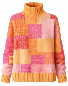 Customized Premium Women <b>Turtleneck</b> Patchwork Knit Sweater Soft Warm Winter Pullover Casual Fashion <b>Top</b> Orange Pink Multicolor - Product Image 1
