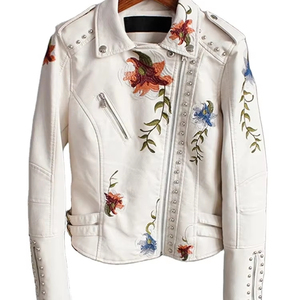 Floral Print Embroidery Faux Soft Leather Jacket Women Pu Motorcycle Coat Female Black Punk Zipper Rivet Outerwear - Product Image 1