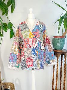 Kimono Kantha traditionnel imprimé multicolore Robe en tissu de coton de bohème pour unisexe avec veste ouverte à nouer sur le devant Robe de vente en gros - Product Image 6