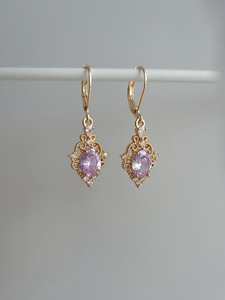 Charmes en améthyste violet clair, argent 925, boucles d'oreilles à crochet plaquées or, style vintage, boucles d'oreilles pendantes mignonnes - Product Image 4