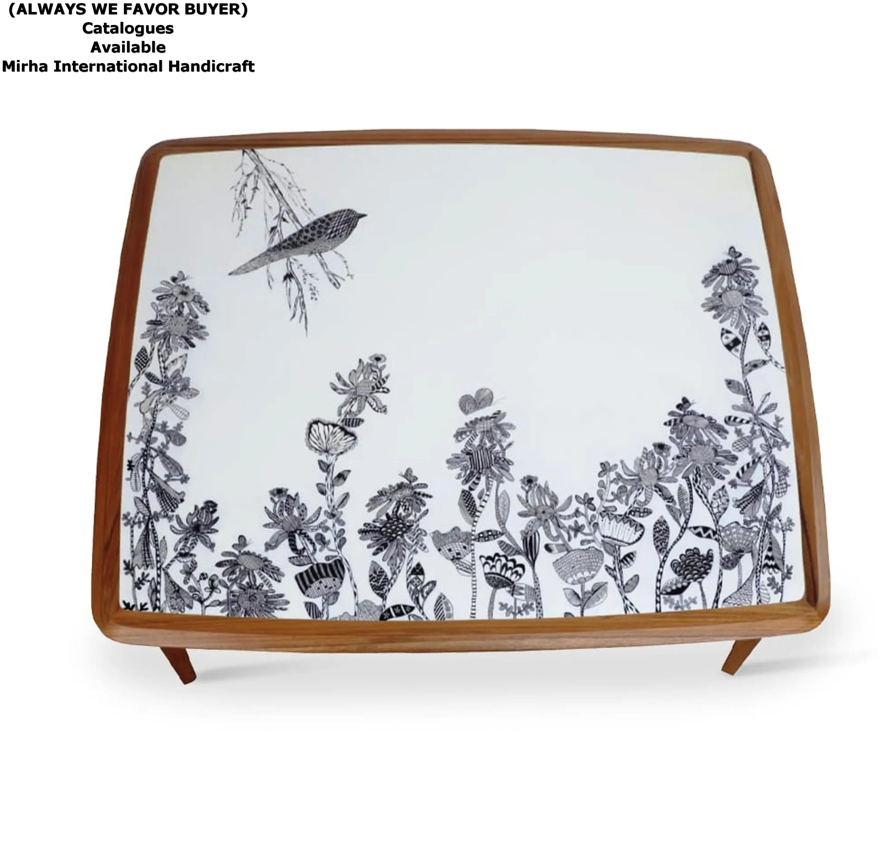 Table en bois de teck avec dessus imprimé imprimé floral personnalisé plateau de service en bois émaux plateau en bois imprimé fabriqué en inde