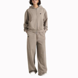 Women Taupe Beige Full Zip Fleece Hoodie <b>Jogger</b> Set Straight Leg Two Piece Tracksuit for Private Label OEM Wholesale - Product Image 1