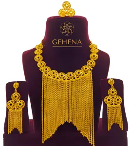 5gm ensemble collier éblouissant plaqué or 24K avec boucles d'oreilles et anneau de doigt chaîne pour femmes - Product Image 1