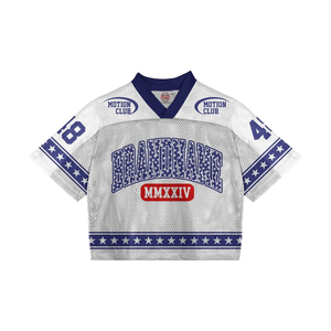 Dernier modèle de haut en maille personnalisé, style jersey de football américain pour femme, streetwear satiné, col en V, patch étoile, style Y2K, chemise oversize - Product Image 5