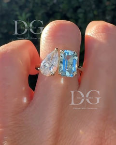 Toi Et Moi Bague de Fiançailles Vintage Blanc Bleu Deux Pierre Poire Coupe Diamant Mars Pierre De Naissance Moissanite pour Mariage ou Fête - Product Image 3