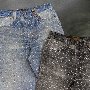 Venta al por mayor personalizado vintage lavado completo strass holgado recto pantalones de mezclilla de gran tamaño cristal strass Streetwear Jeans para hombres - Product Image 6
