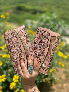 การออกแบบใหม่มือเครื่องมือแกะสลักกระเป๋าสตางค์มีสไตล์ผมบนหนัง Cowhide หลายใช้กระเป๋าสตางค์หนังแท้ตะวันตกสําหรับผู้หญิง - Product Image 2