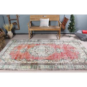 5.4x8.8 ft Turkish Rug, Vintage Large Rug, <b>Red</b> Green Floral <b>Wool</b> Rug - Product Image 1