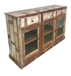 Industrial Rustic Brown Wooden <b>Storage</b> Cabinet Dining China Hutch Sideboard <b>Cupboard</b> Buffet Server Cabinet 3 Glass & 3 Drawers - Product Image 2