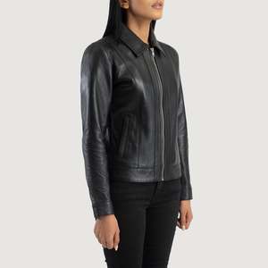 Vixen Black Classic Collar <b>Sheepskin</b> Moto Biker <b>Jacket</b> with Quilted Lining for Autumn Season - Product Image 2