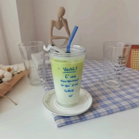 Ins Style Bleu Noir Blanc Lettre Impression Sippy Cup Water Tumbler Tasse en verre avec couvercle et paille
