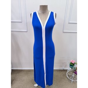 Women's Strappy Deep V-Neck Long <b>Viscose</b> <b>Dress</b> with Slit Detail, 35554 - Saks Blue - Product Image 4