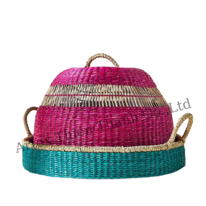 Plateau de service d'herbe de mer rond tissé à la main avec couvercle de dôme de nourriture pour pique-nique gâteau de pain Pizza Dessert de fruits secs - Product Image 1