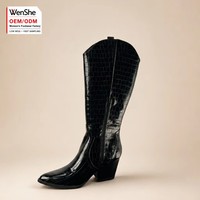 Bottes Western Montantes Noires pour Femmes en Cuir Verni Gaufré Croco, Talon Épais, Bout Pointu, Fermeture Éclair Latérale – Fournisseur OEM ODM en Gros