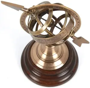Nautical Brass Armillary Sphere Brass Armillary World Globe with Sundial Arrow & Wooden Base