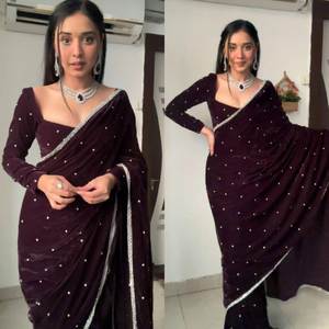 Sari en velours élégant, design moderne, travail de perles mécaniques, bordure élégante, longueur au sol, séchage rapide, couleurs personnalisées, fonction festive - Product Image 5