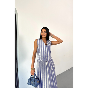 Ensemble de robe décontractée avec veste rayée en lin bleu et jupe longue - Product Image 5