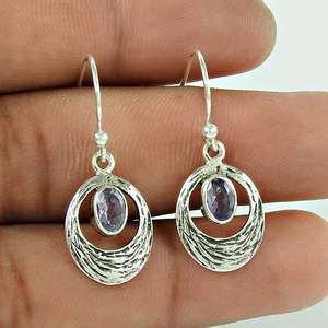 มาใหม่ขายส่งเครื่องประดับส่วนบุคคล 925 เงินสเตอร์ลิงธรรมชาติสีม่วงอเมทิสต์อัญมณีรูปไข่ห้อยต่างหูอินเดีย - Product Image 1