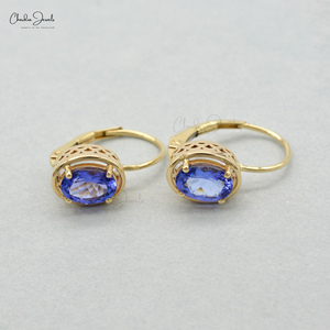 Tanzanite ธรรมชาติขนาด7x5มม. ต่างหูอัญมณีทรงวงรี14K ต่างหูแบบห้อยทำด้วยมือสีเหลืองทองขายส่งจากอินเดีย - Product Image 3