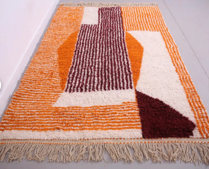 Tapis à poils longs géométrique moderne Tapis marocain à poils longs abstrait orange, marron et crème pour salon chambre d'enfant chambre à coucher - Product Image 1