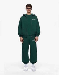 Ensemble jogging d'hiver vert forêt avec logo personnalisé imprimé, double couche, poids lourd 400GSM, surdimensionné, short de survêtement OEM surdimensionné - Product Image 1