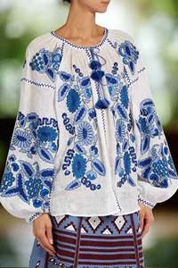 Haute qualité mode tunique haut pour femmes broderie tissé court femmes Blouse haut lin Blouse à la main Boho haut traditionnel - Product Image 2