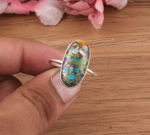 Anillo de Turquesa y Cobre Natural con Ostra Espinosa, Plata de Ley 925, Banda Ancha, Unisex, Clásico, Hecho a Mano - Product Image 1