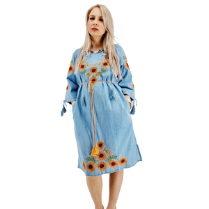 ชุดเดรสปักลายคอวีแขนยาวสำหรับผู้หญิง,ชุดกระโปรงสไตล์โรมาเนียความยาวเท่าเข่าแบบลำลอง - Product Image 2