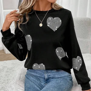 Custom Printed Rhinestone Work Pullover <b>Black</b> Sweatshirts for <b>Women</b> High Quality 100% Cotton <b>Fleece</b> Winter Wear Front logo - Product Image 1
