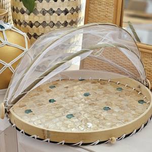 Plateau d'incrustation de coquille de perle mosaïque ronde avec la maille se pliante de dôme de nourriture de filet de couverture pour couvrir des plats - Product Image 3