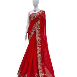 Sari en faux georgette de couleur rouge spéciale pour la mariée, broderie, travail riche du pallu, drapé en une minute, avec étole - Product Image 1