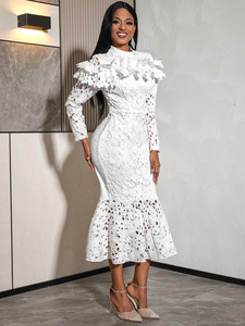 Vestido <span class=keywords><strong>de</strong></span> Dama <span class=keywords><strong>de</strong></span> Honor <span class=keywords><strong>de</strong></span> Encaje Blanco con Cuello Alto, Manga Larga y Volantes Estilo Sirena ADR051202 - Product Image 2