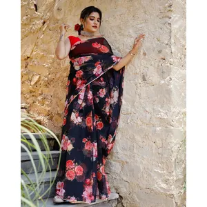 Conjuntos de Mujer Shabnam, Elegante Sari de Organza Floral Negro - Product Image 2