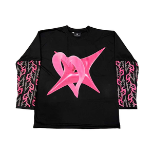 เสื้อยืดพิมพ์ลายสกรีนออกแบบได้เองเสื้อยืดแขนยาวสองชั้นสีดำและสีชมพู - Product Image 1