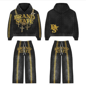 Factory Oem Vintage Washed Heavyweight Pantalones de chándal Sudadera con capucha Conjuntos Logotipo personalizado Impresión Hombres Bordado Rhinestone Chándales - Product Image 1