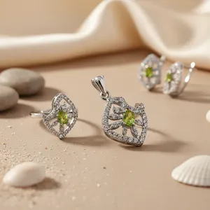 925 Silver Bridal Jewelry Set with <b>Peridot</b> Green Diamond for Wedding Party-Classic Elegant Earrings <b>Ring</b> Pendant - Product Image 2