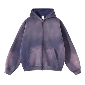 Sweat-shirt à capuche zippé en denim délavé premium pour homme, lourd, surdimensionné, ample, à épaules tombantes, manches longues, streetwear - Product Image 1