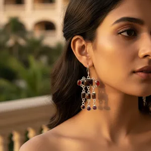 Boucles d'oreilles pendantes pour femmes en argent 925 avec pierres précieuses multiples, perle d'eau douce, émeraude, design floral vintage, cadeau parfait, bijoux - Product Image 3
