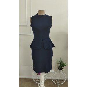 Robe en crêpe importée pour femme, col rond, coupe ajustée, détail volanté à la taille, 37229 - Bleu marine - Product Image 2