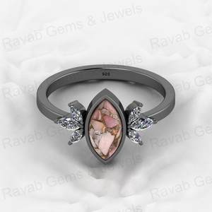 Vente de Noël Bague de créateur Marquise en argent véritable 925 avec pierre précieuse turquoise cuivre rose sertie en bélière Bijoux fins de confiance - Product Image 3