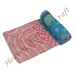 Colcha India 100% Algodón Kantha, Manta Vintage, Manta Reversible India Cosida a Mano, Manta Pesada, Manta de Sari Antigua - Product Image 2