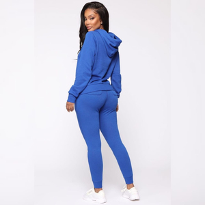 Vêtements de sport en molleton de coton bleu personnalisable pour femmes OEM deux pièces pull survêtement solide Jogging costume pour femme hiver - Product Image 3